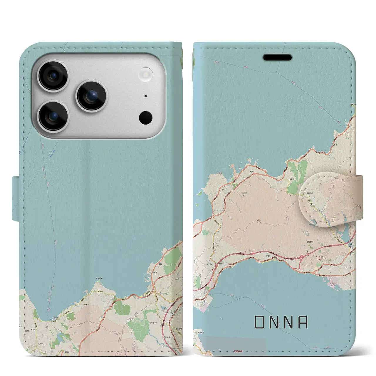 【恩納(沖縄県)】地図柄iPhoneケース(手帳タイプ)ナチュラル・iPhone 17 Pro Max 用