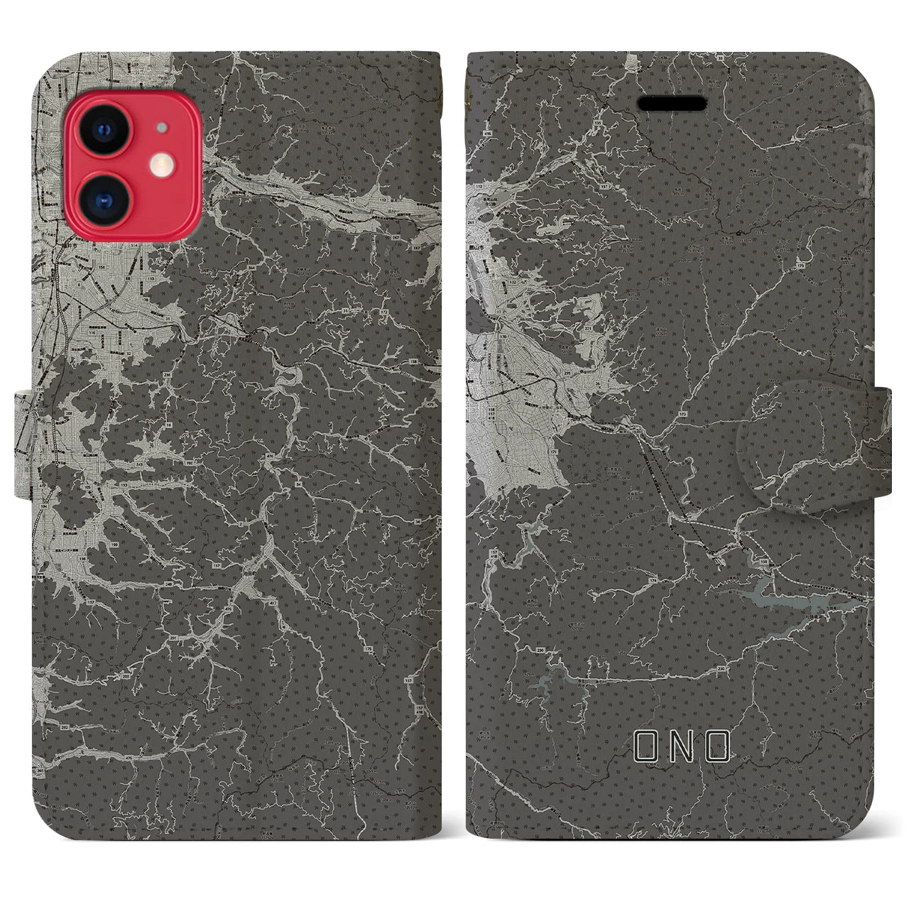 【大野(福井県)】地図柄iPhoneケース(手帳タイプ)モノトーン・iPhone 11 用