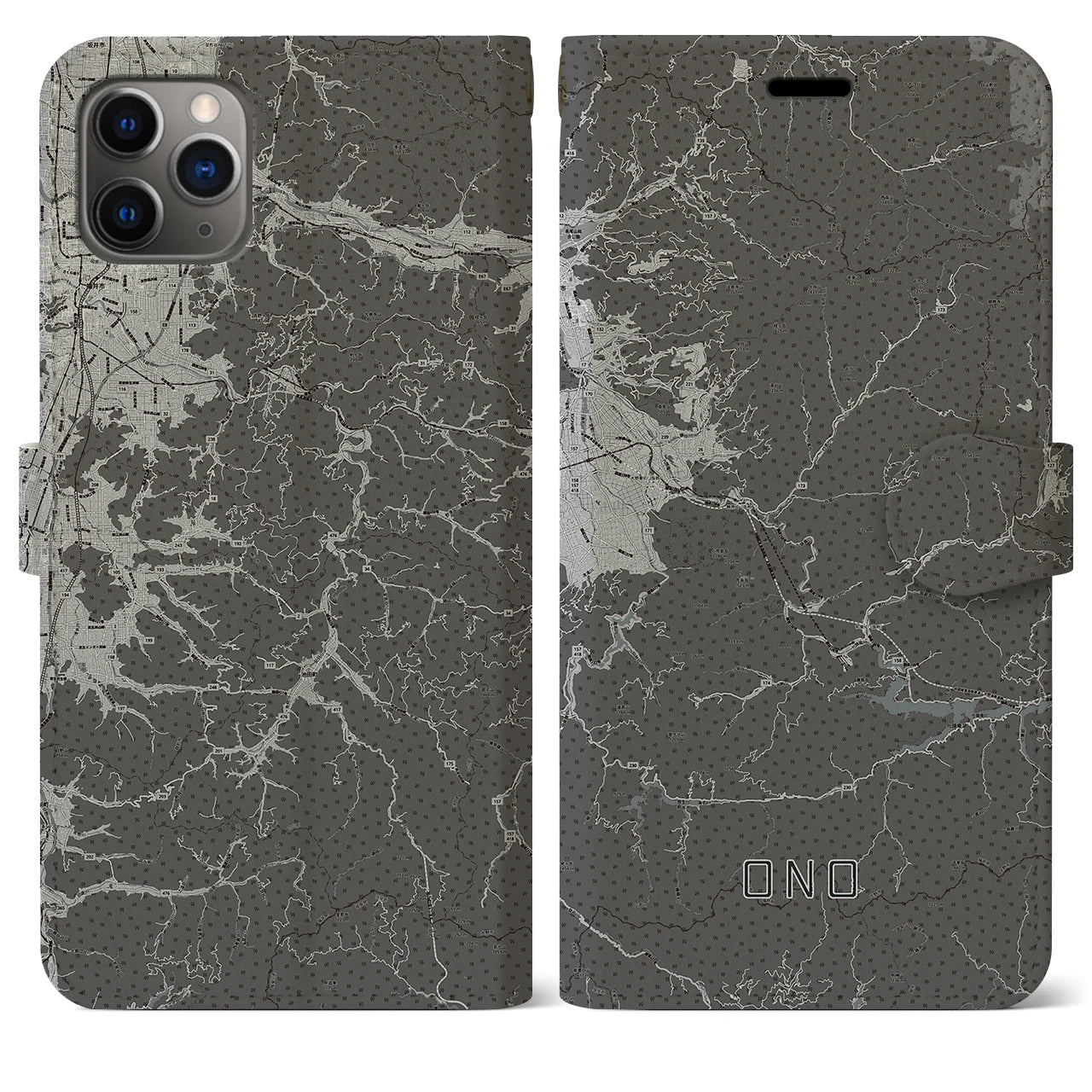 【大野(福井県)】地図柄iPhoneケース(手帳タイプ)モノトーン・iPhone 11 Pro Max 用