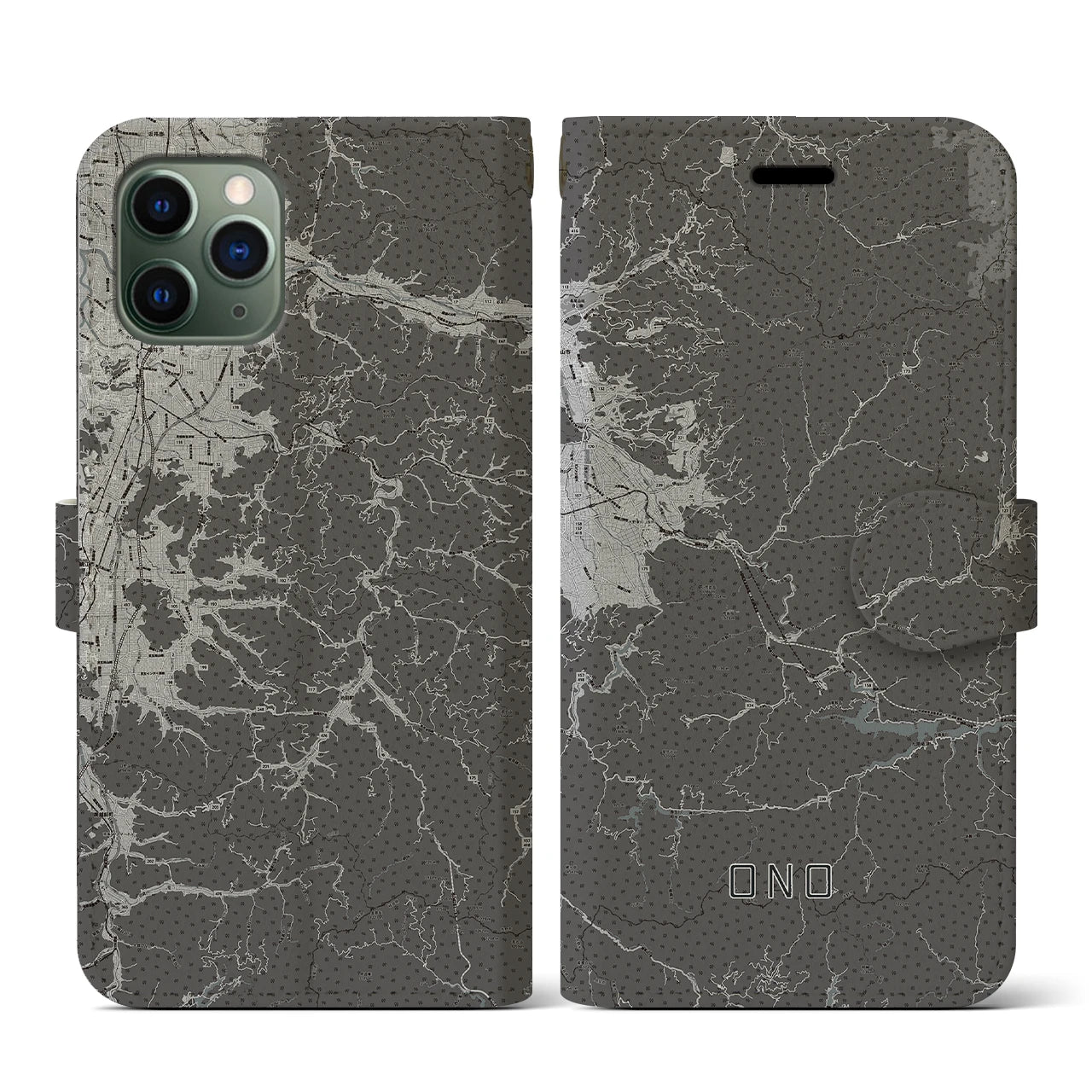 【大野(福井県)】地図柄iPhoneケース(手帳タイプ)モノトーン・iPhone 11 Pro 用