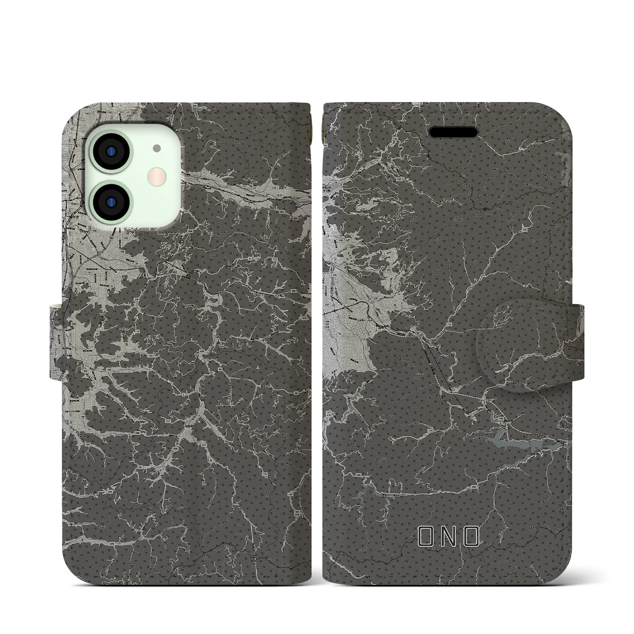【大野(福井県)】地図柄iPhoneケース(手帳タイプ)モノトーン・iPhone 12 mini 用
