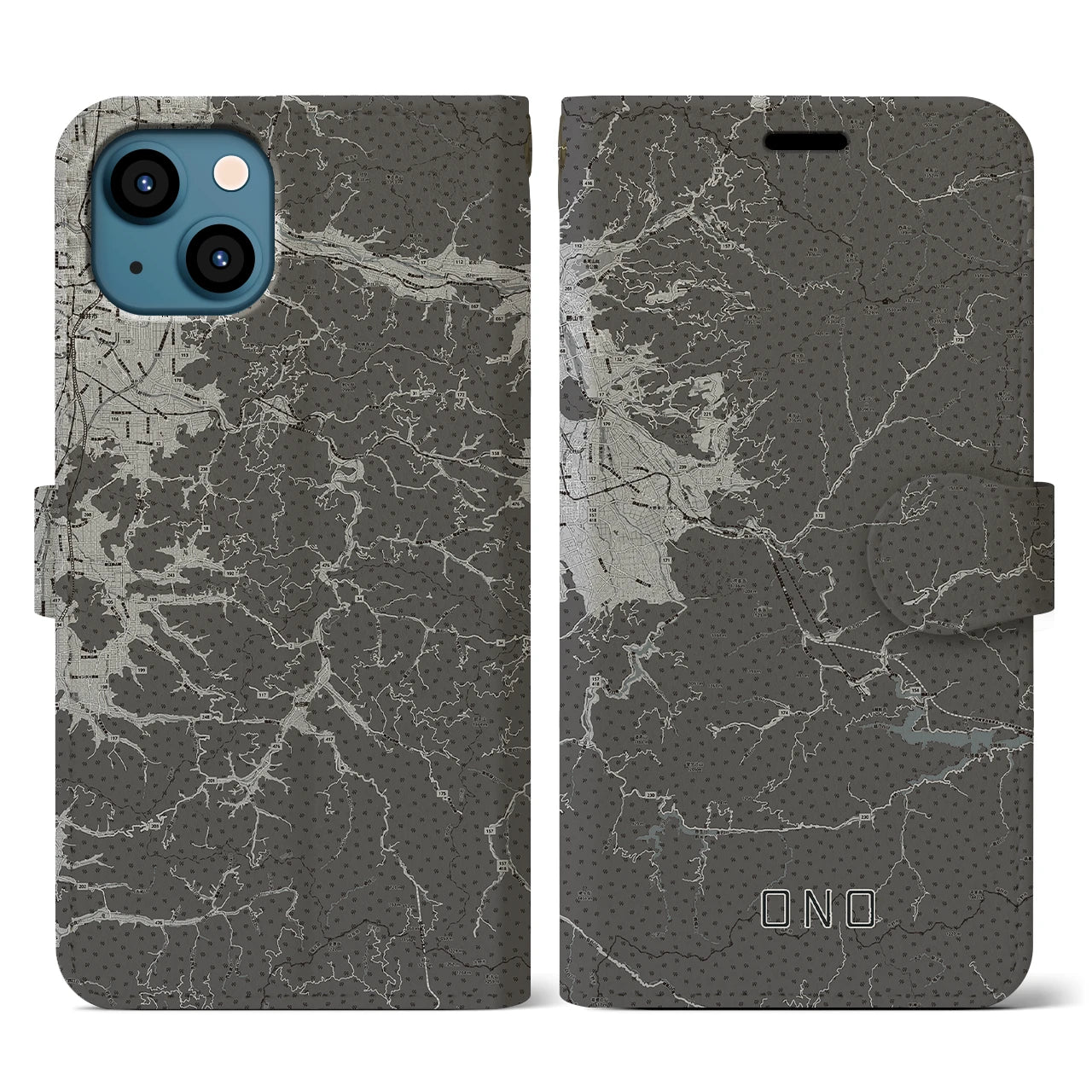 【大野(福井県)】地図柄iPhoneケース(手帳タイプ)モノトーン・iPhone 13 用