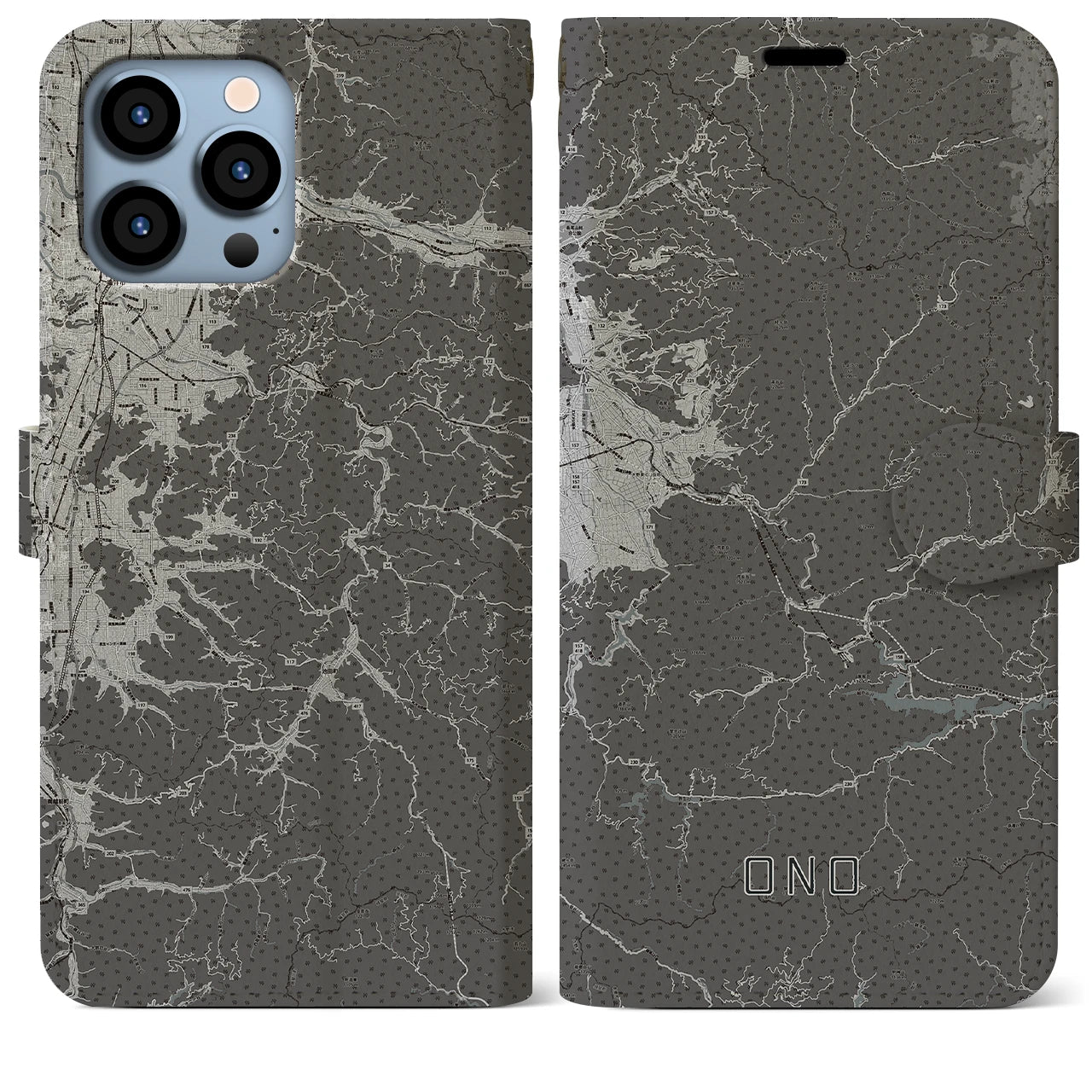 【大野(福井県)】地図柄iPhoneケース(手帳タイプ)モノトーン・iPhone 13 Pro Max 用