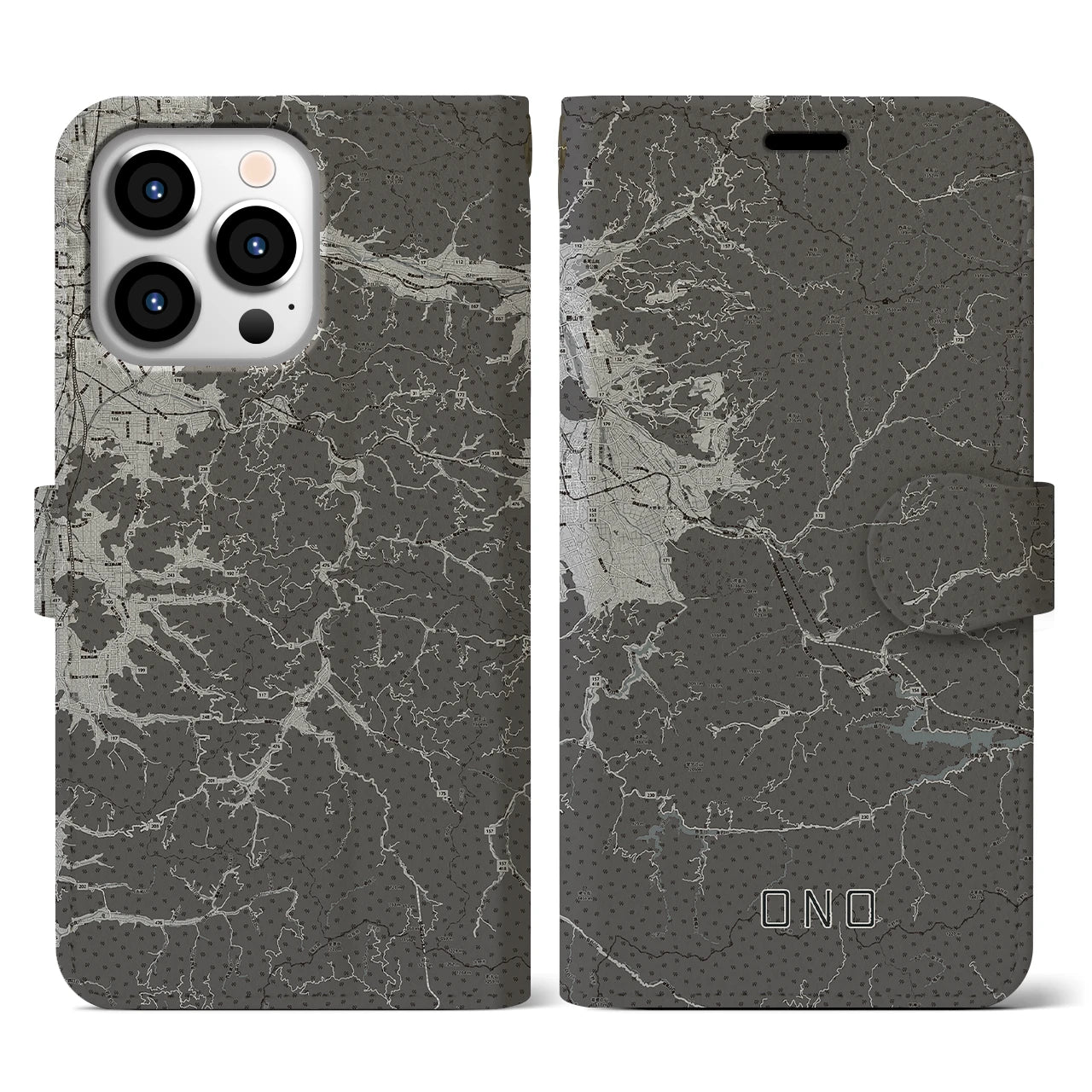 【大野(福井県)】地図柄iPhoneケース(手帳タイプ)モノトーン・iPhone 13 Pro 用