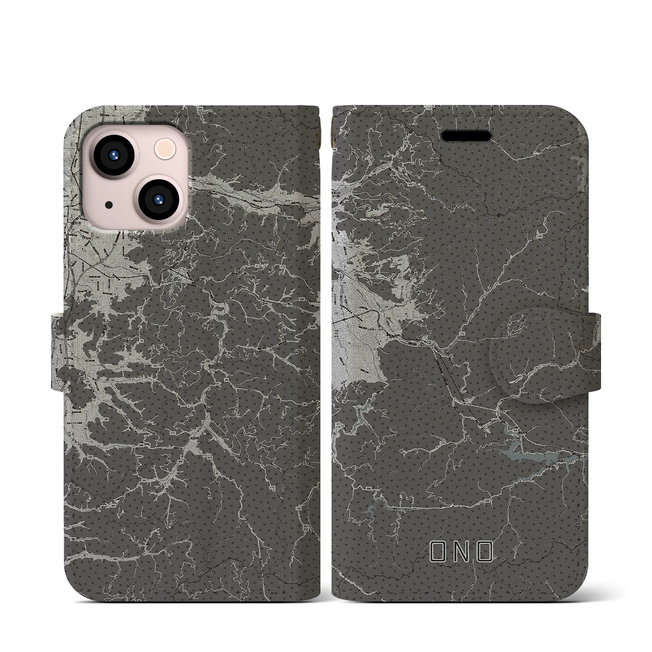 【大野(福井県)】地図柄iPhoneケース(手帳タイプ)モノトーン・iPhone 13 mini 用
