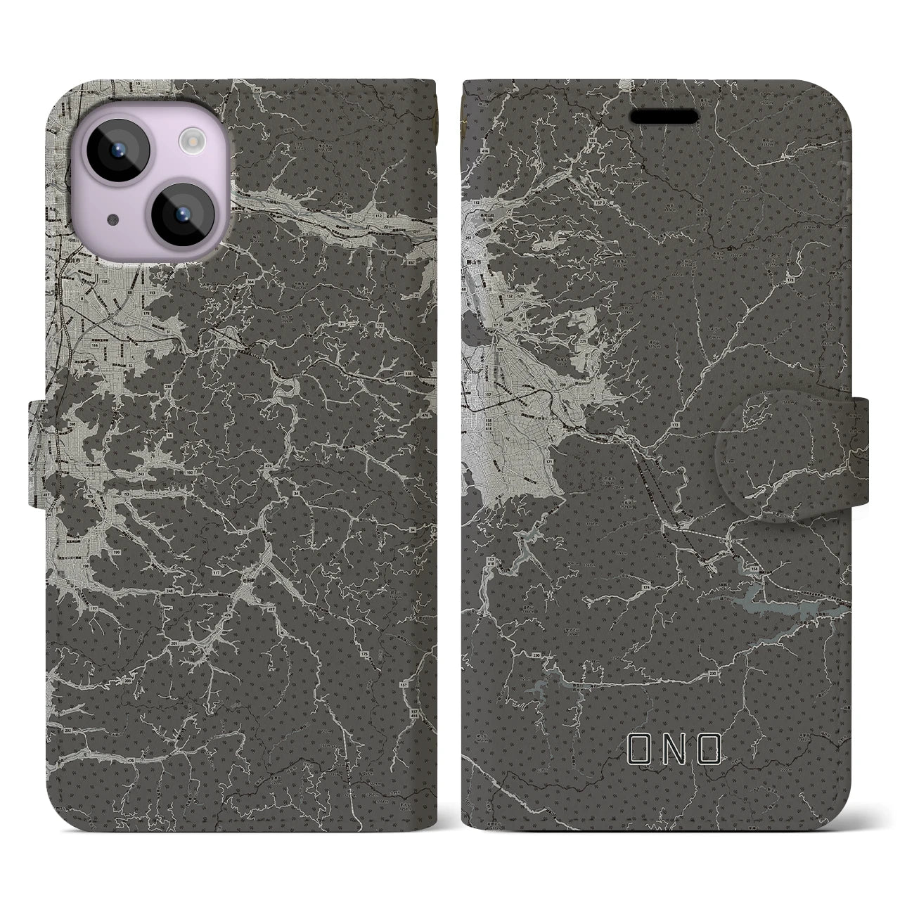 【大野(福井県)】地図柄iPhoneケース(手帳タイプ)モノトーン・iPhone 14 用