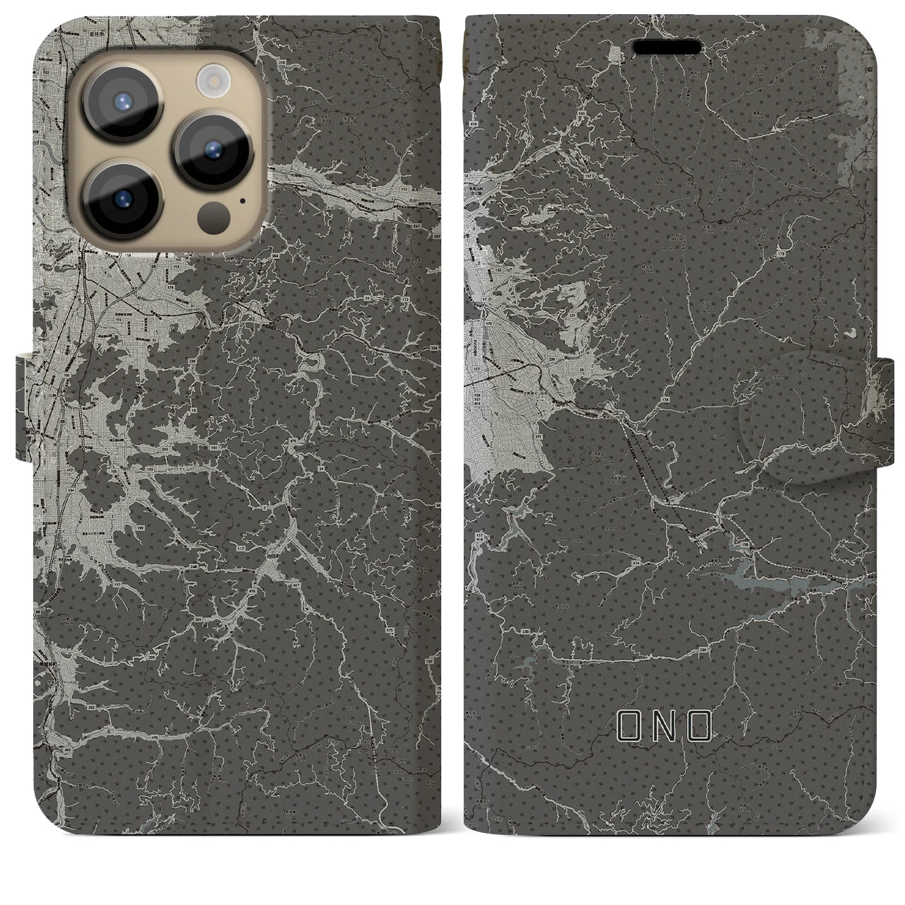【大野(福井県)】地図柄iPhoneケース(手帳タイプ)モノトーン・iPhone 14 Pro Max 用