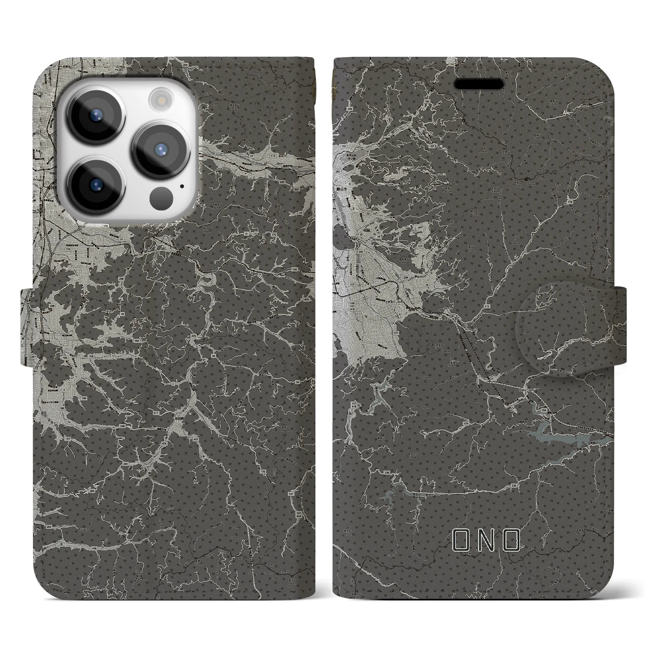 【大野(福井県)】地図柄iPhoneケース(手帳タイプ)モノトーン・iPhone 14 Pro 用