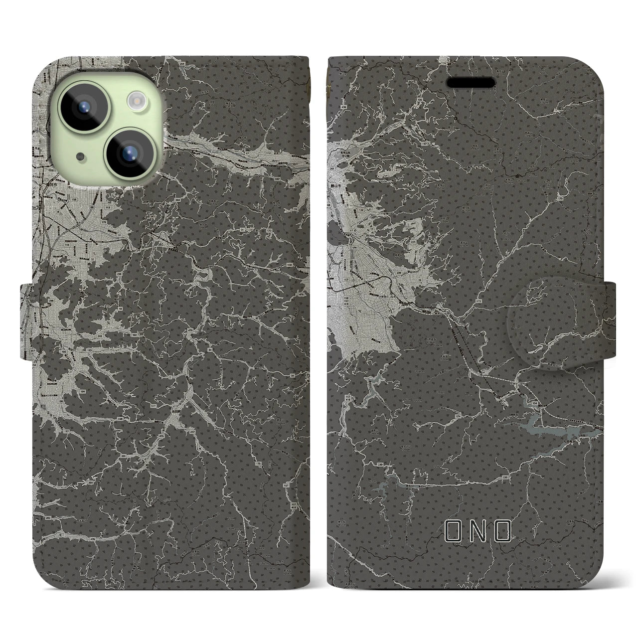 【大野(福井県)】地図柄iPhoneケース(手帳タイプ)モノトーン・iPhone 15 用