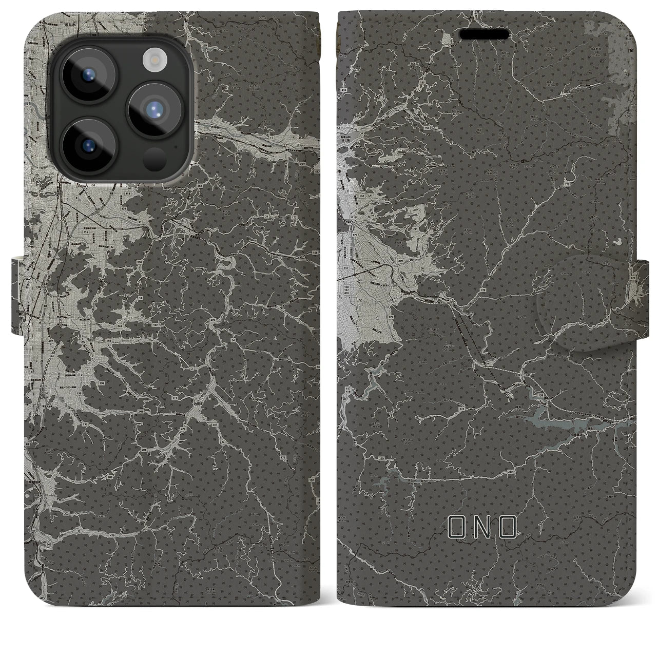 【大野(福井県)】地図柄iPhoneケース(手帳タイプ)モノトーン・iPhone 15 Pro Max 用