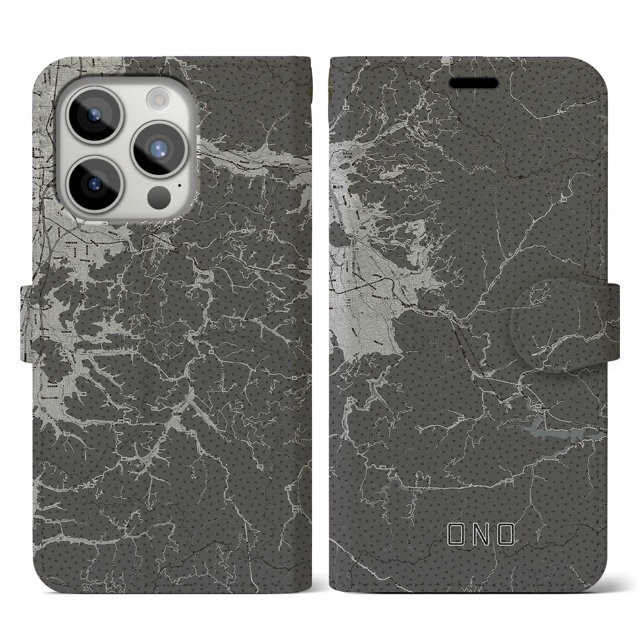 【大野(福井県)】地図柄iPhoneケース(手帳タイプ)モノトーン・iPhone 15 Pro 用