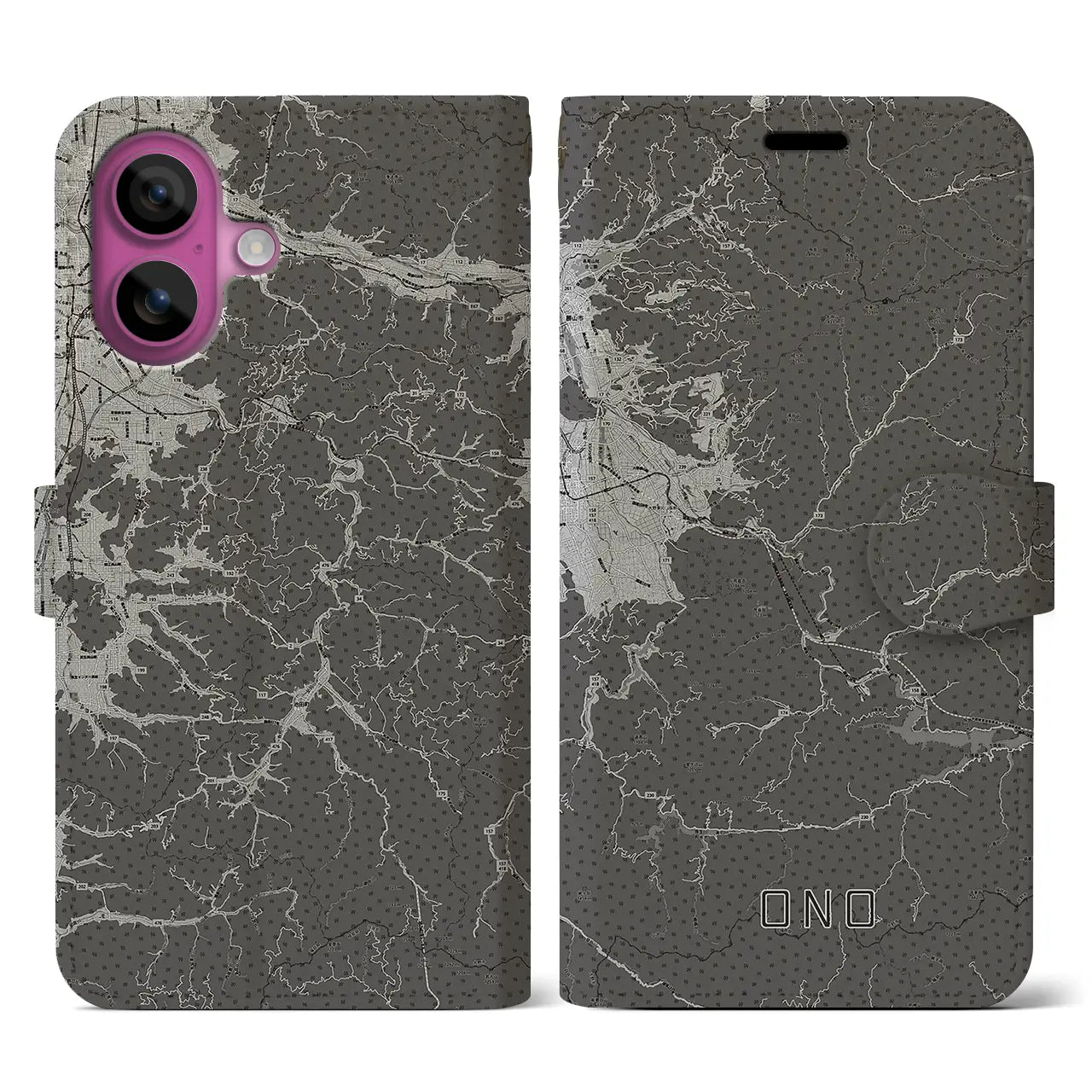 【大野(福井県)】地図柄iPhoneケース(手帳タイプ)モノトーン・iPhone 16 Pro 用