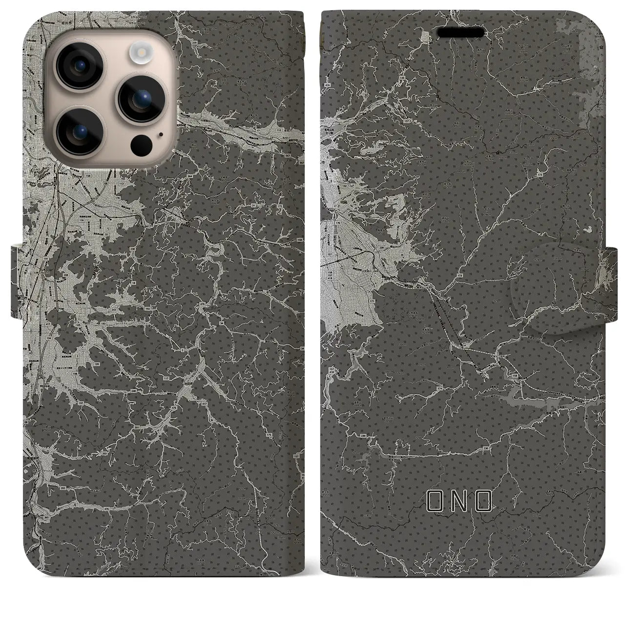 【大野(福井県)】地図柄iPhoneケース(手帳タイプ)モノトーン・iPhone 16 Plus 用