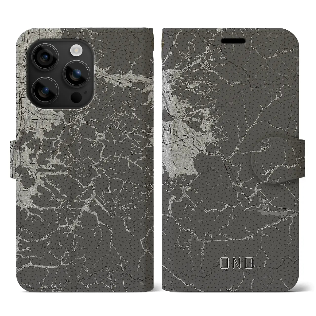 【大野(福井県)】地図柄iPhoneケース(手帳タイプ)モノトーン・iPhone 16 用