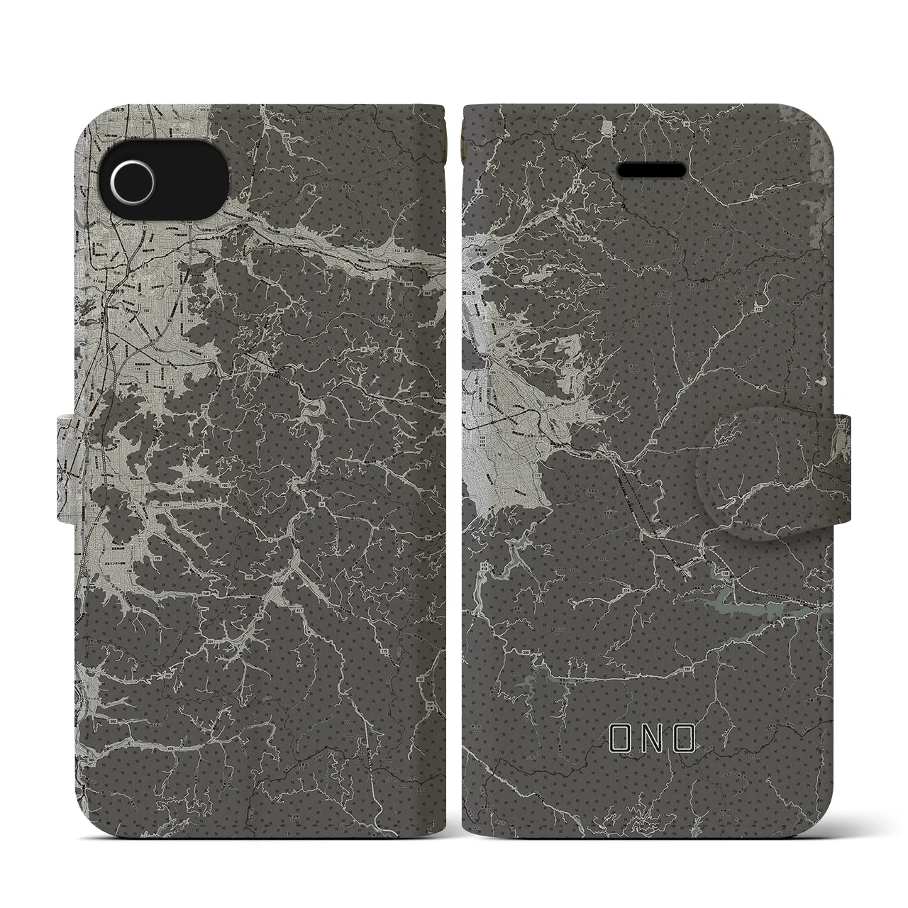 【大野(福井県)】地図柄iPhoneケース(手帳タイプ)モノトーン・iPhone SE(第3 / 第2世代) / 8 / 7 / 6s / 6 用