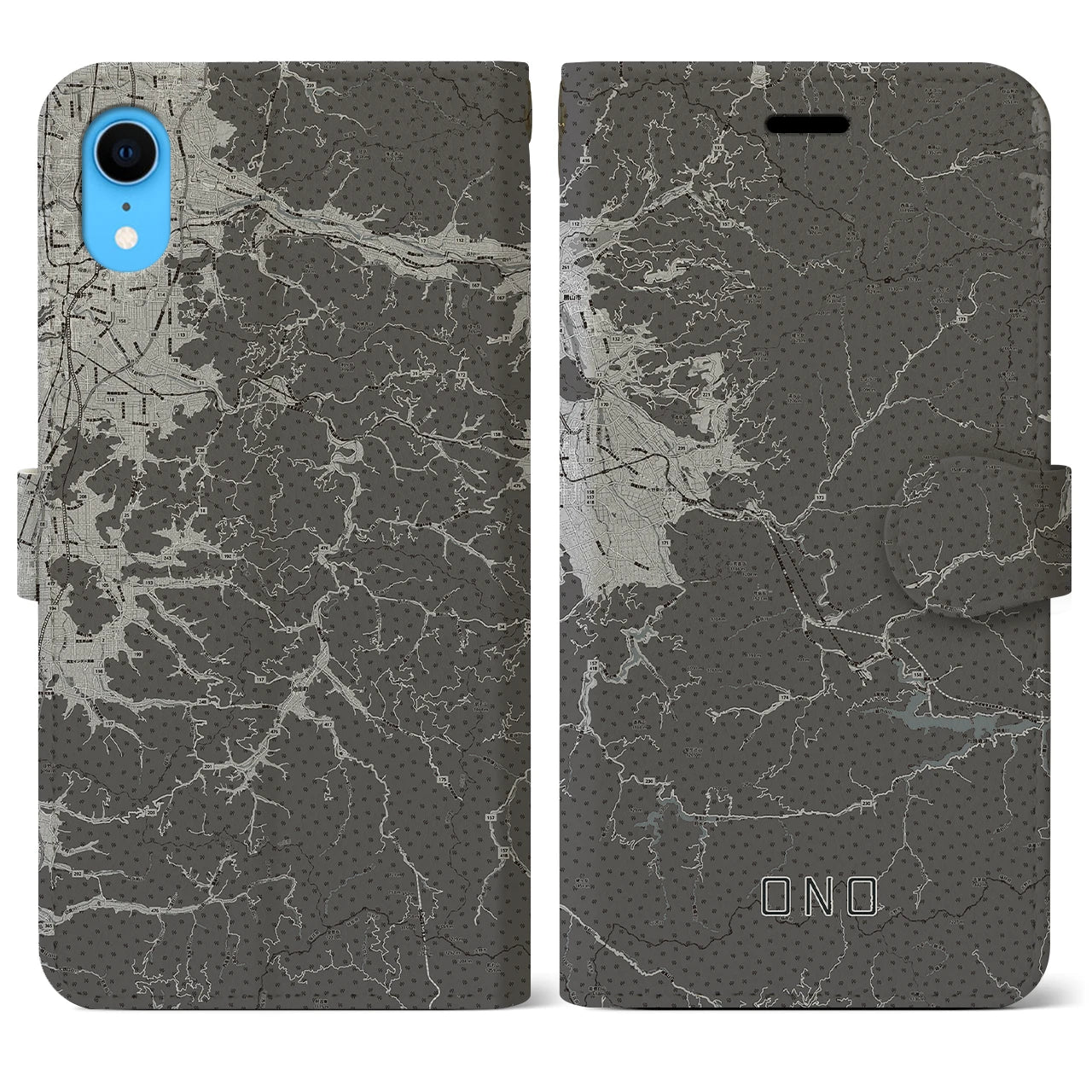 【大野(福井県)】地図柄iPhoneケース(手帳タイプ)モノトーン・iPhone XR 用