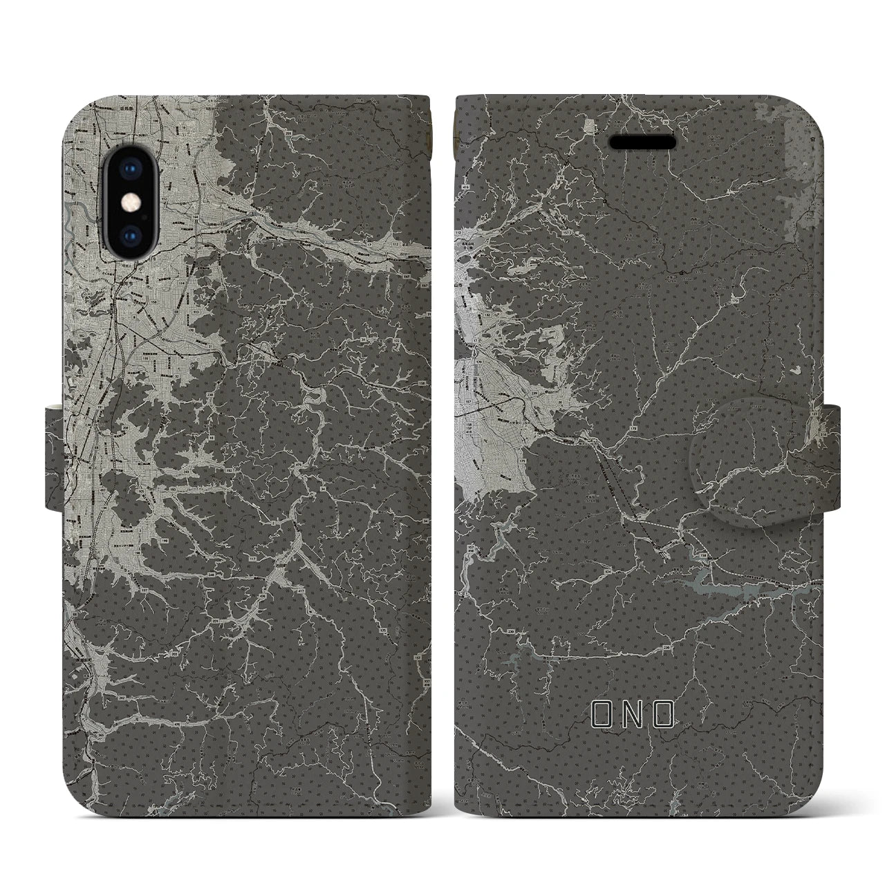 【大野(福井県)】地図柄iPhoneケース(手帳タイプ)モノトーン・iPhone XS / X 用