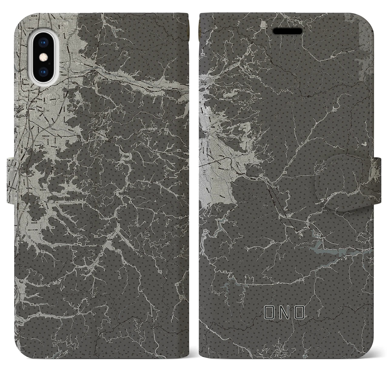 【大野(福井県)】地図柄iPhoneケース(手帳タイプ)モノトーン・iPhone XS Max 用