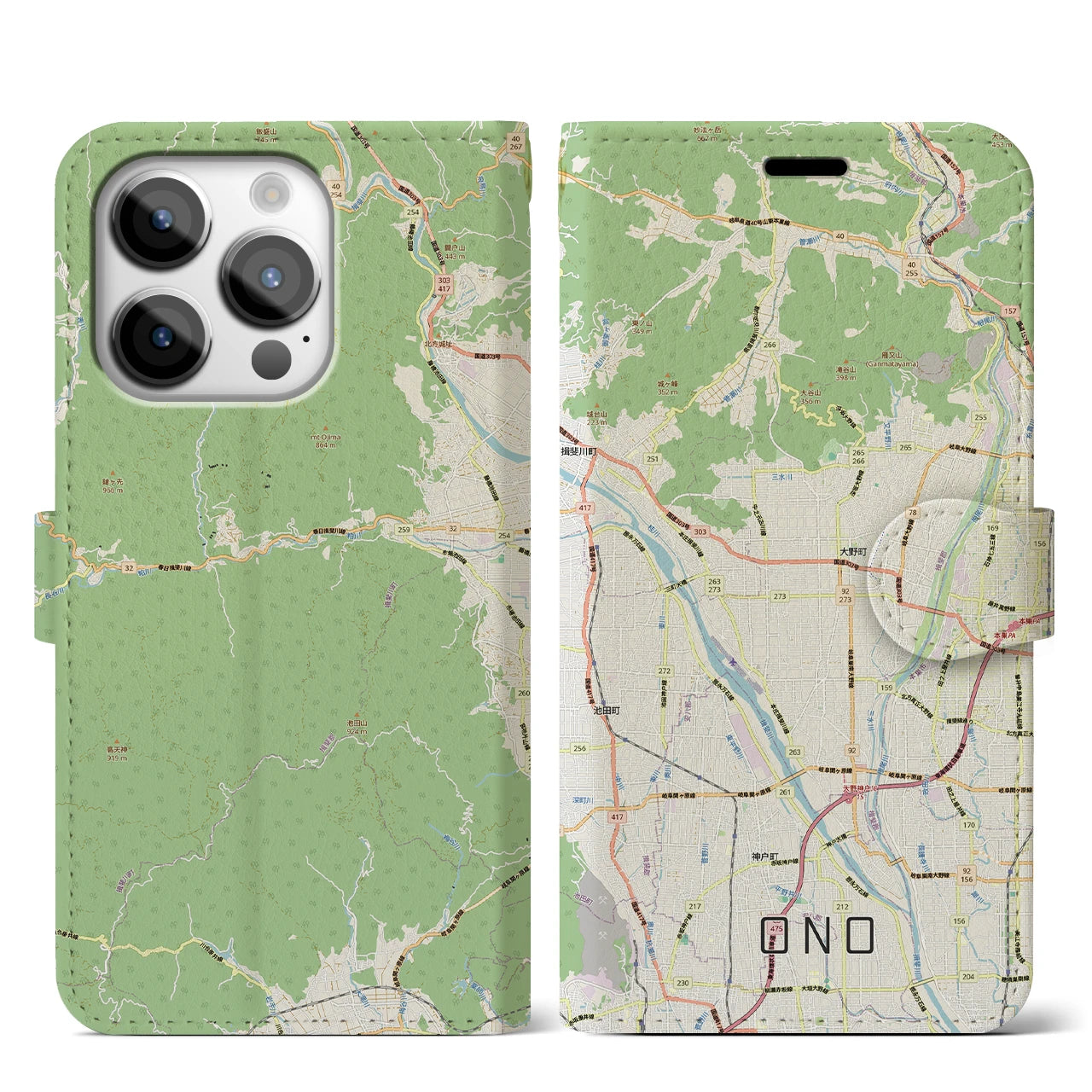 【大野(岐阜県)】地図柄iPhoneケース(手帳タイプ)