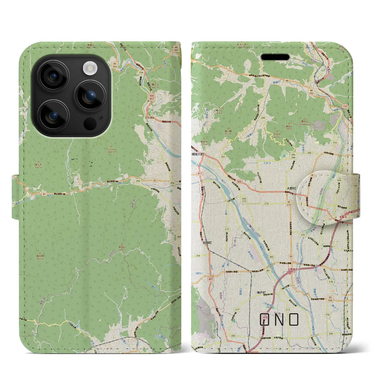 【大野(岐阜県)】地図柄iPhoneケース(手帳タイプ)