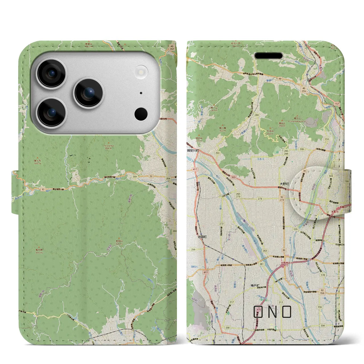 【大野(岐阜県)】地図柄iPhoneケース(手帳タイプ)