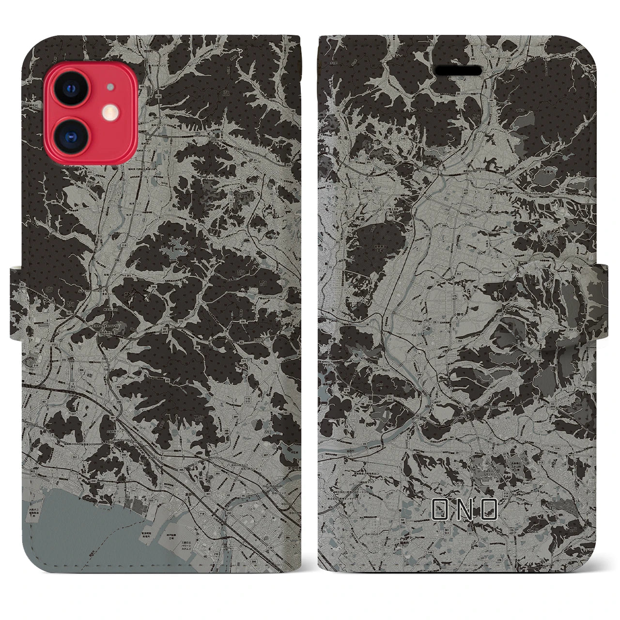 【小野(兵庫県)】地図柄iPhoneケース(手帳タイプ)モノトーン・iPhone 11 用