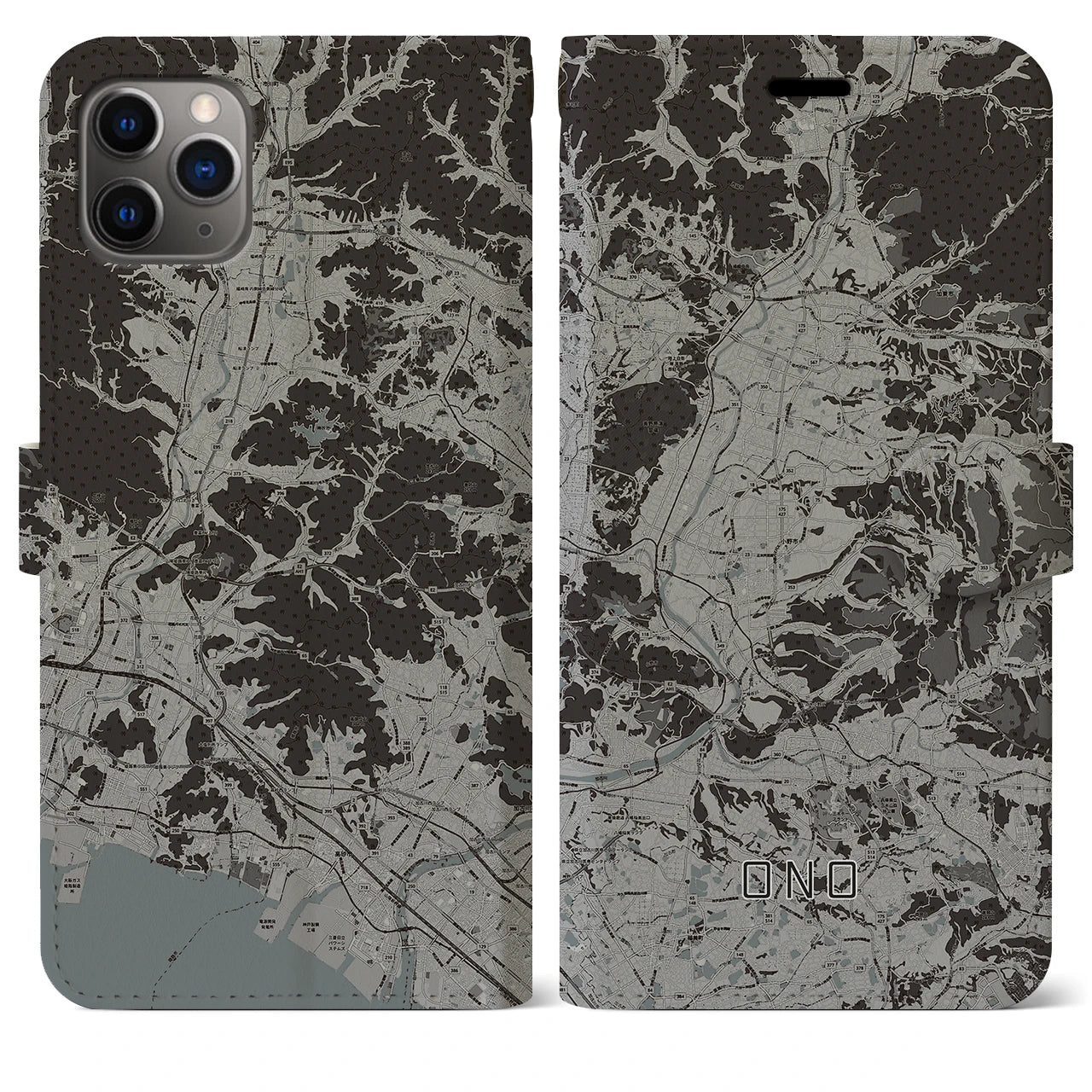 【小野(兵庫県)】地図柄iPhoneケース(手帳タイプ)モノトーン・iPhone 11 Pro Max 用