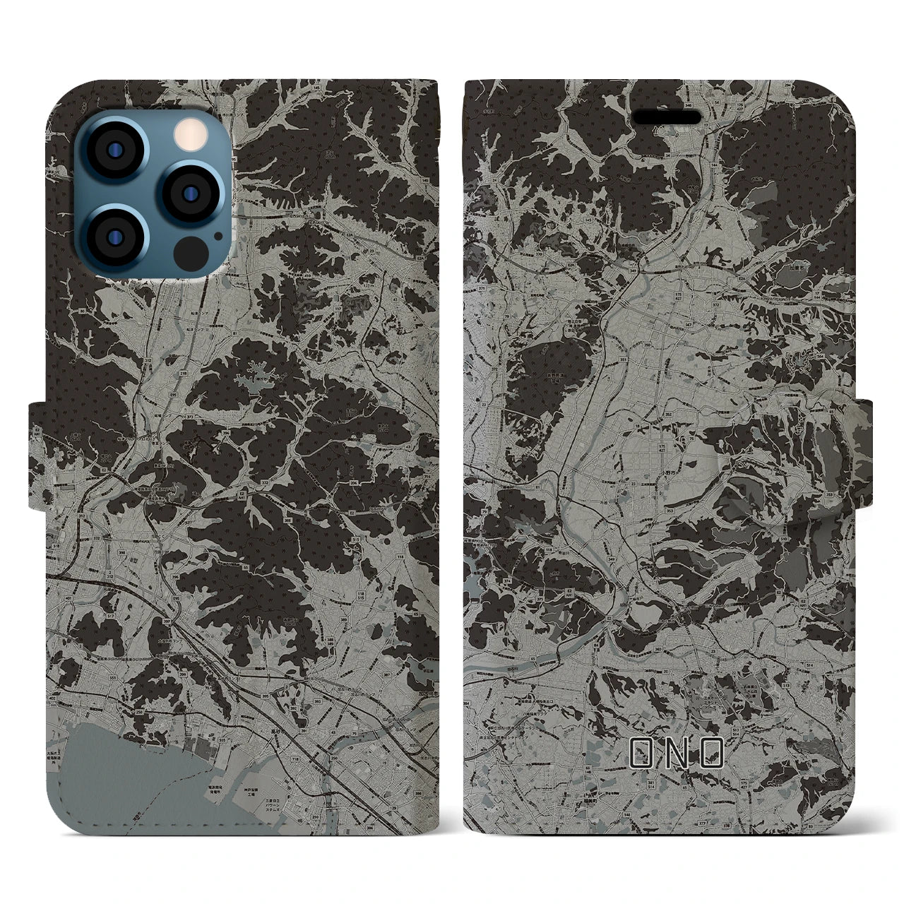 【小野(兵庫県)】地図柄iPhoneケース(手帳タイプ)モノトーン・iPhone 12 / 12 Pro 用