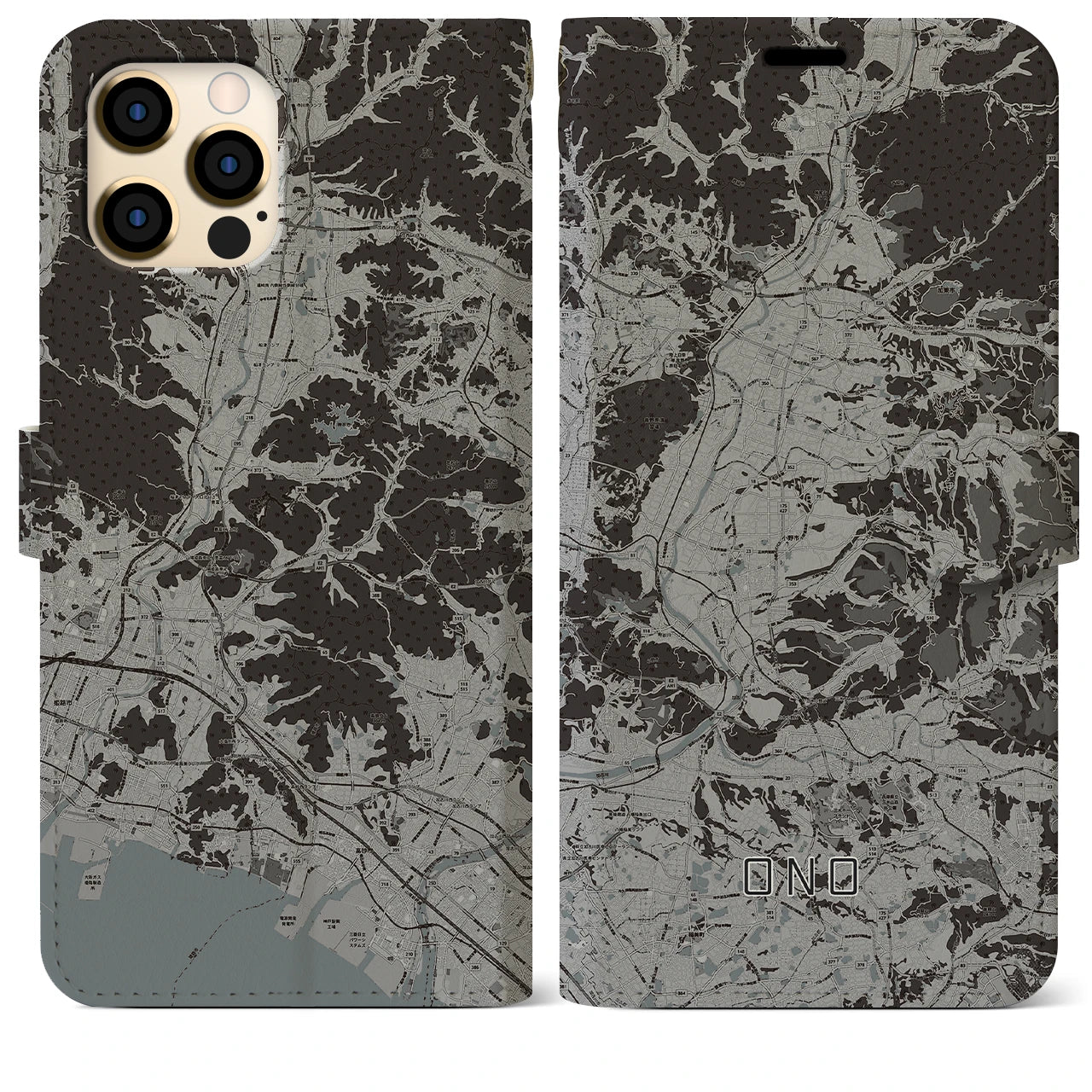 【小野(兵庫県)】地図柄iPhoneケース(手帳タイプ)モノトーン・iPhone 12 Pro Max 用