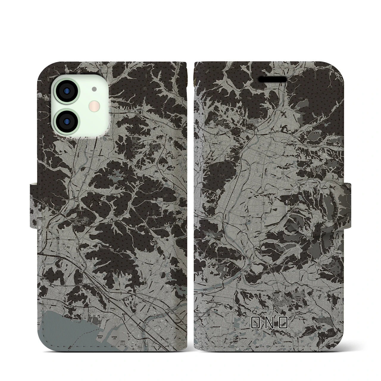 【小野(兵庫県)】地図柄iPhoneケース(手帳タイプ)モノトーン・iPhone 12 mini 用