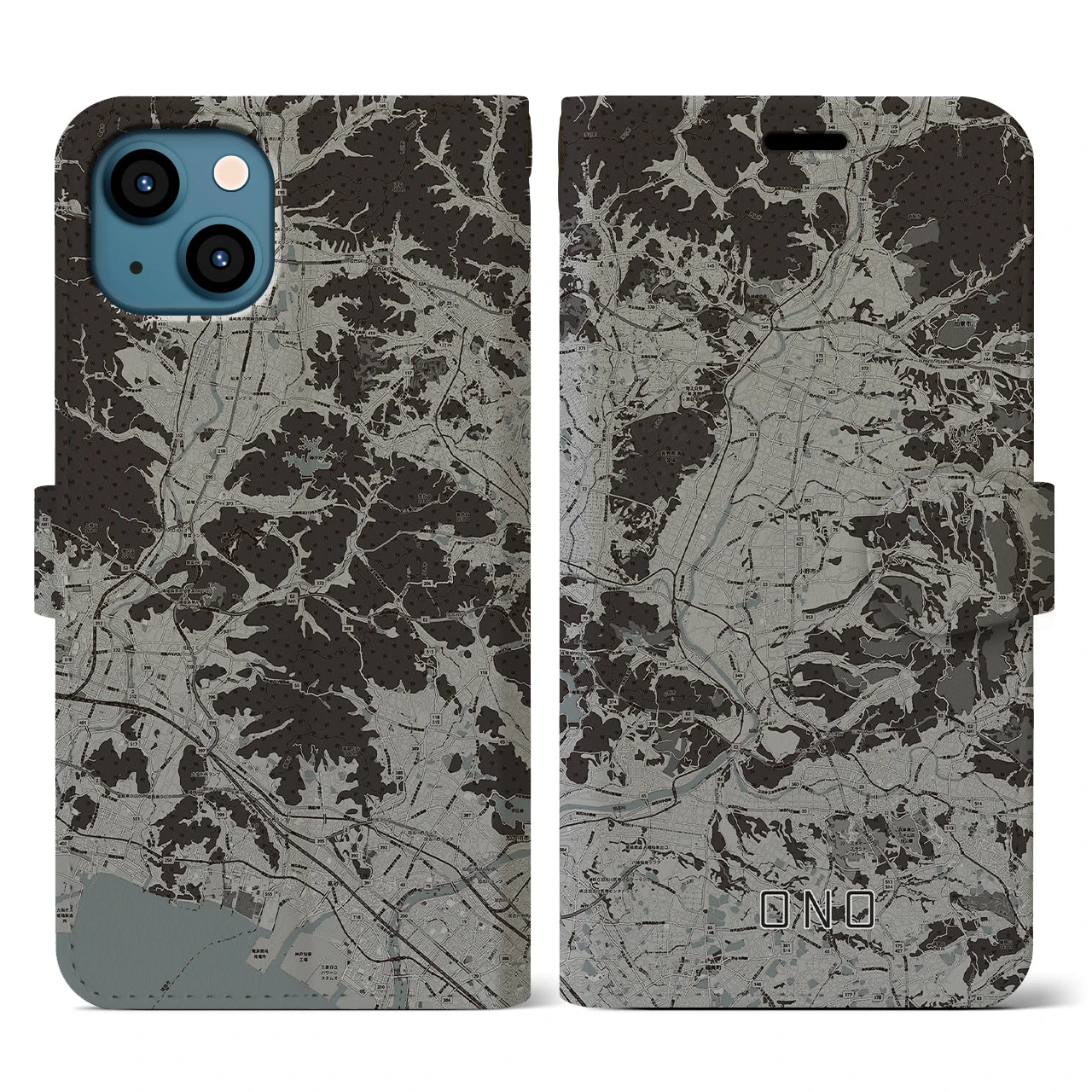 【小野(兵庫県)】地図柄iPhoneケース(手帳タイプ)モノトーン・iPhone 13 用
