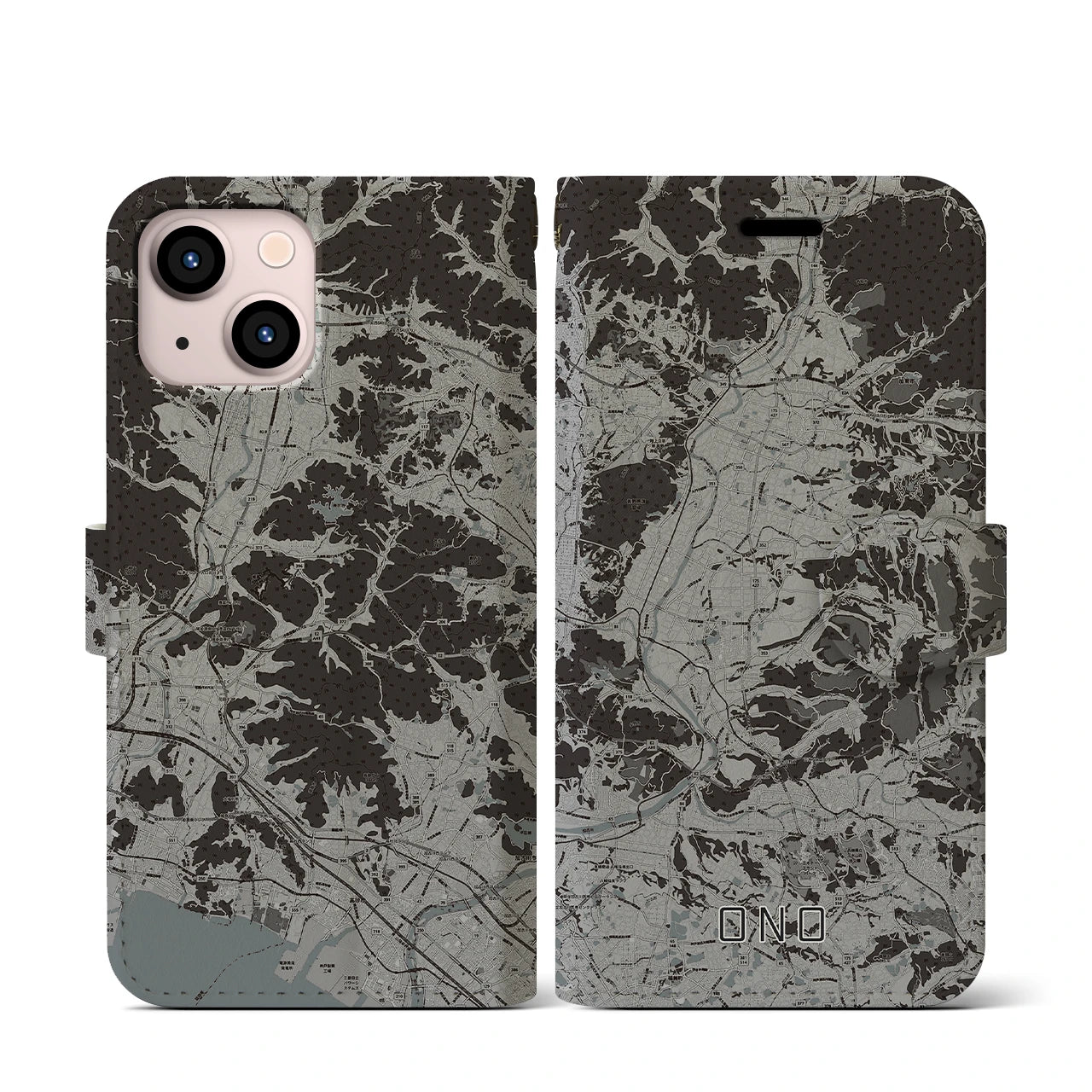 【小野(兵庫県)】地図柄iPhoneケース(手帳タイプ)モノトーン・iPhone 13 mini 用