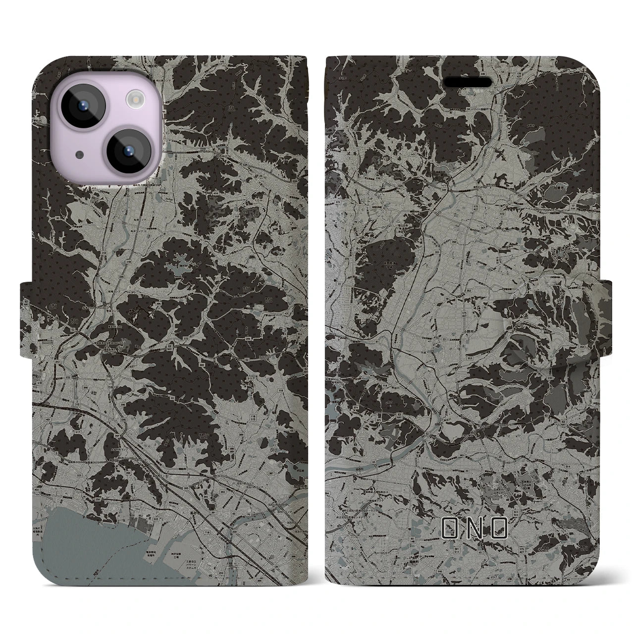 【小野(兵庫県)】地図柄iPhoneケース(手帳タイプ)モノトーン・iPhone 14 用