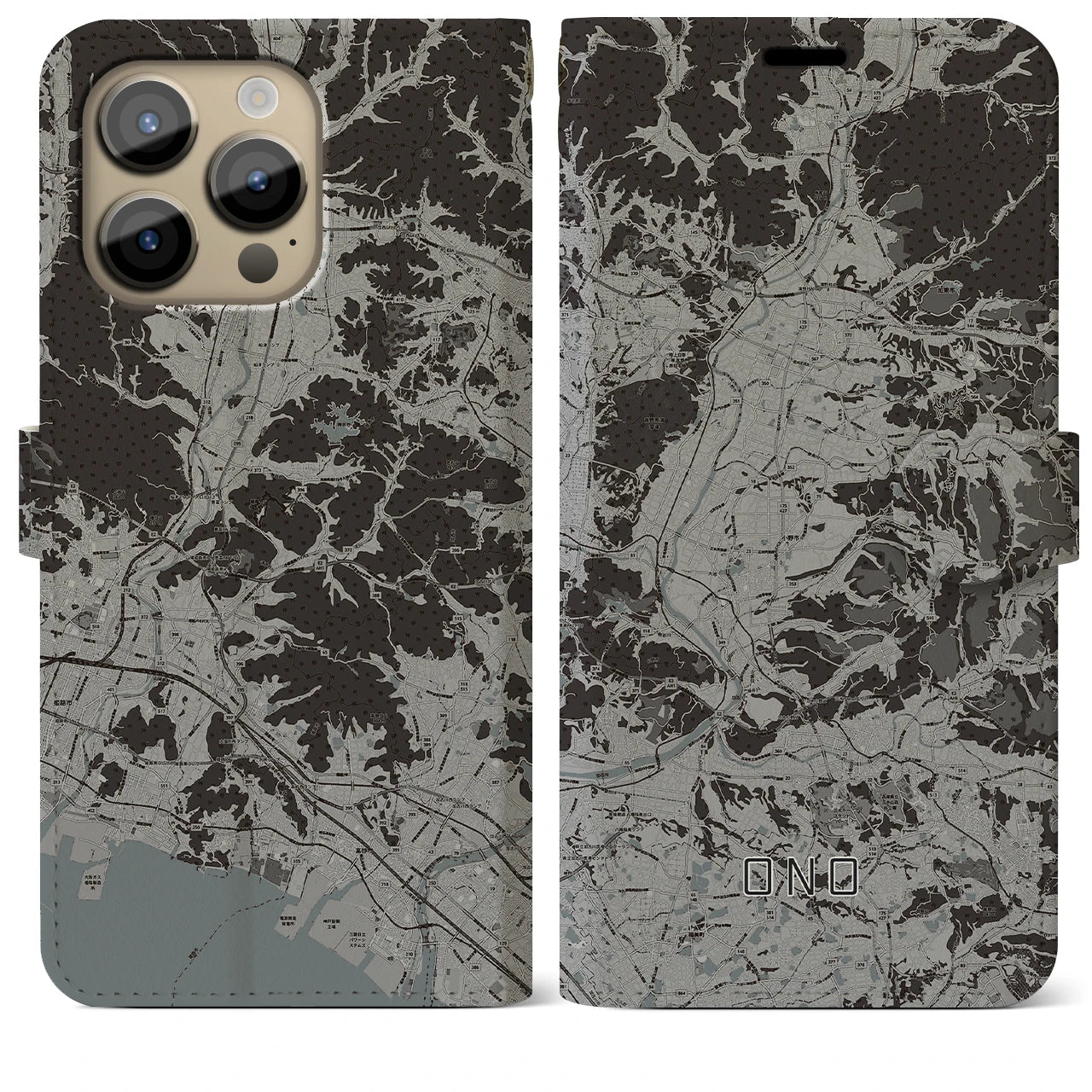 【小野(兵庫県)】地図柄iPhoneケース(手帳タイプ)モノトーン・iPhone 14 Pro Max 用
