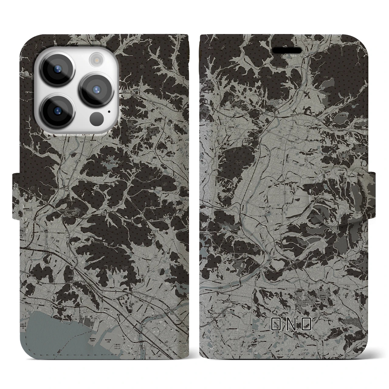 【小野(兵庫県)】地図柄iPhoneケース(手帳タイプ)モノトーン・iPhone 14 Pro 用