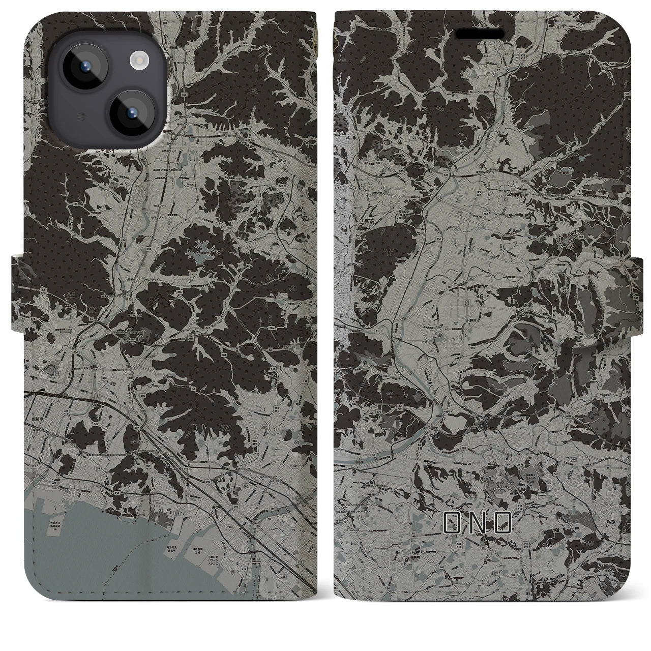 【小野(兵庫県)】地図柄iPhoneケース(手帳タイプ)モノトーン・iPhone 14 Plus 用