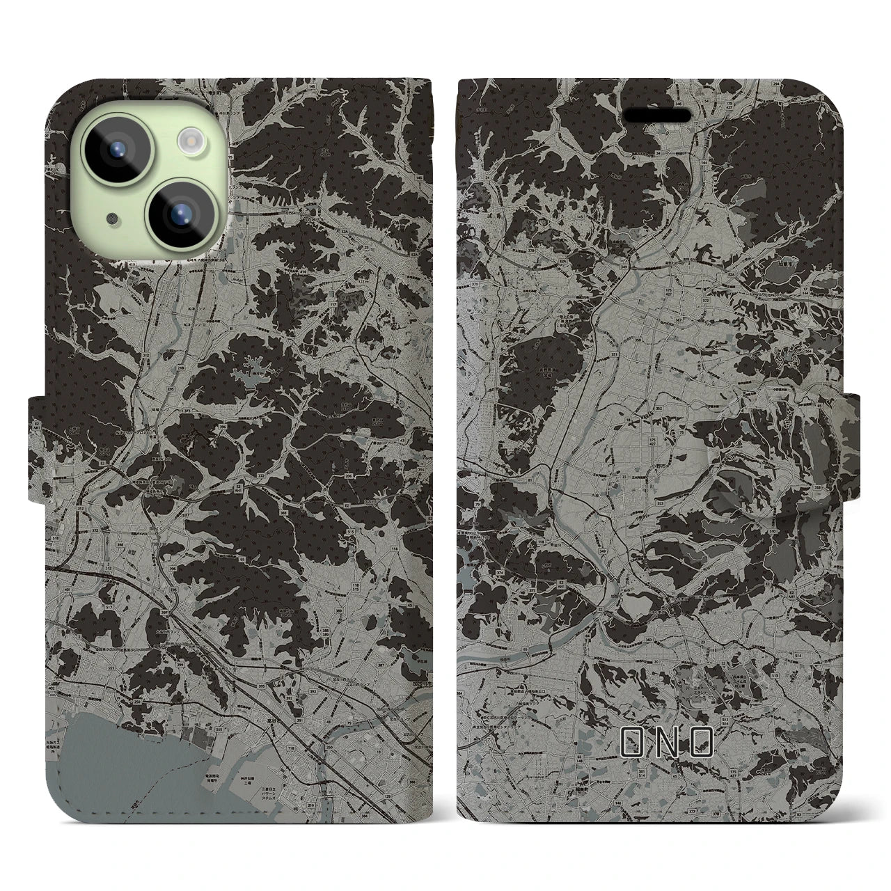 【小野(兵庫県)】地図柄iPhoneケース(手帳タイプ)モノトーン・iPhone 15 用