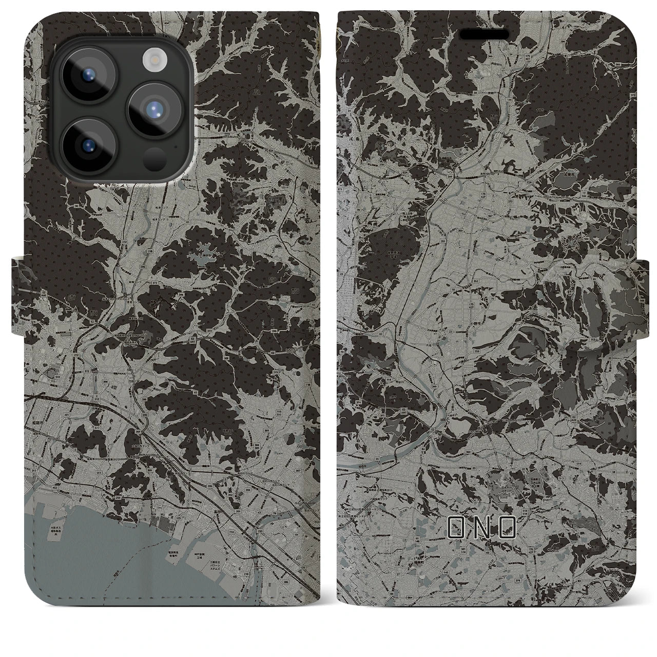 【小野(兵庫県)】地図柄iPhoneケース(手帳タイプ)モノトーン・iPhone 15 Pro Max 用