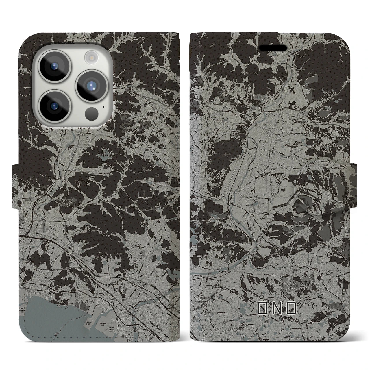 【小野(兵庫県)】地図柄iPhoneケース(手帳タイプ)モノトーン・iPhone 15 Pro 用