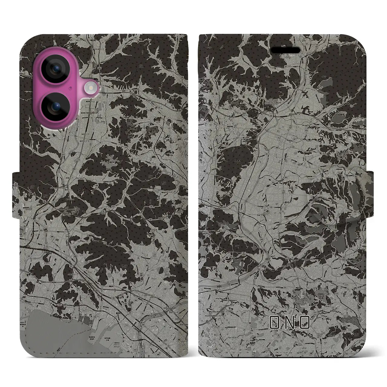 【小野(兵庫県)】地図柄iPhoneケース(手帳タイプ)モノトーン・iPhone 16 Pro 用
