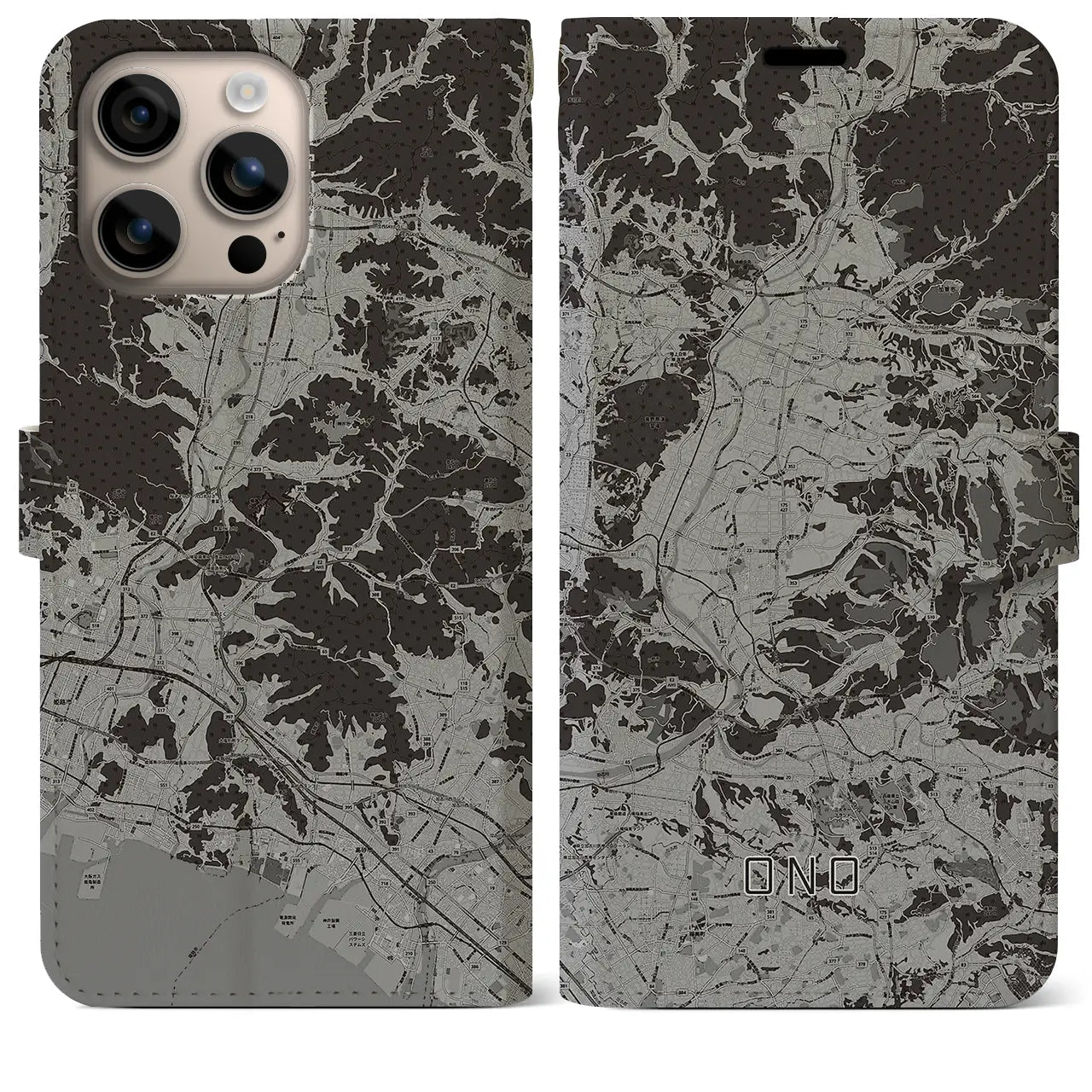 【小野(兵庫県)】地図柄iPhoneケース(手帳タイプ)モノトーン・iPhone 16 Plus 用