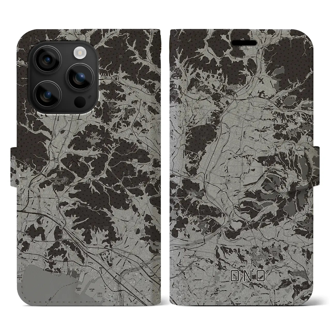 【小野(兵庫県)】地図柄iPhoneケース(手帳タイプ)モノトーン・iPhone 16 用