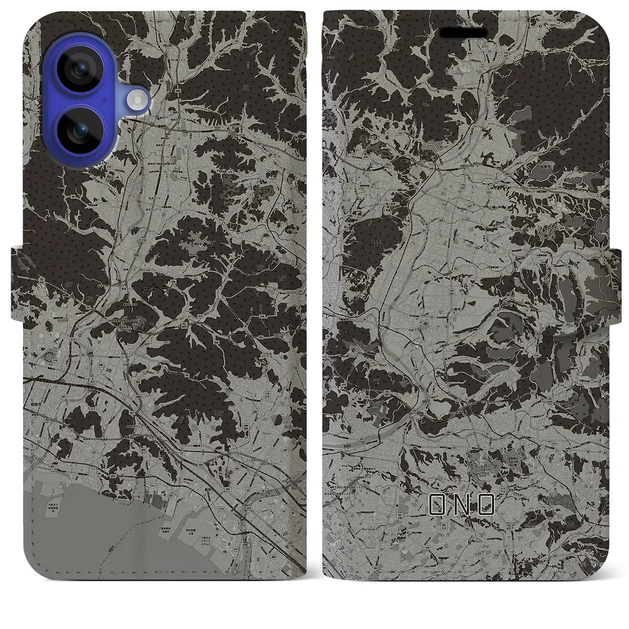 【小野(兵庫県)】地図柄iPhoneケース(手帳タイプ)モノトーン・iPhone 16 Pro Max 用