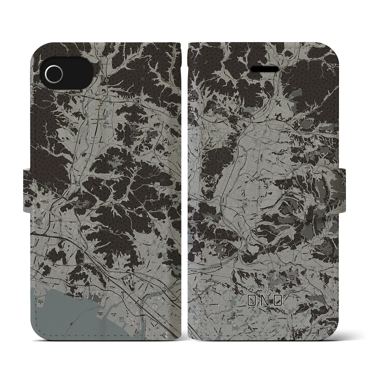 【小野(兵庫県)】地図柄iPhoneケース(手帳タイプ)モノトーン・iPhone SE(第3 / 第2世代) / 8 / 7 / 6s / 6 用