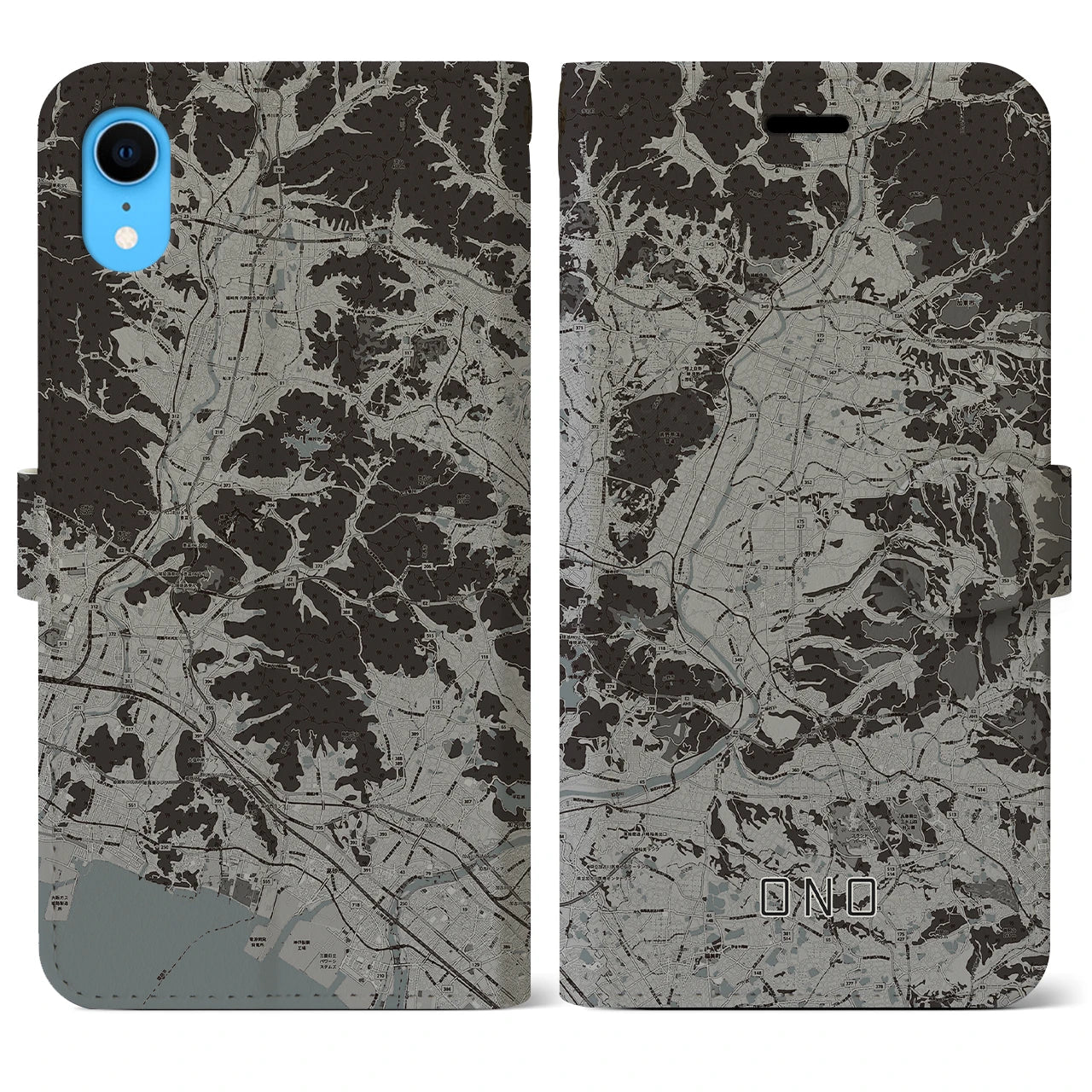 【小野(兵庫県)】地図柄iPhoneケース(手帳タイプ)モノトーン・iPhone XR 用
