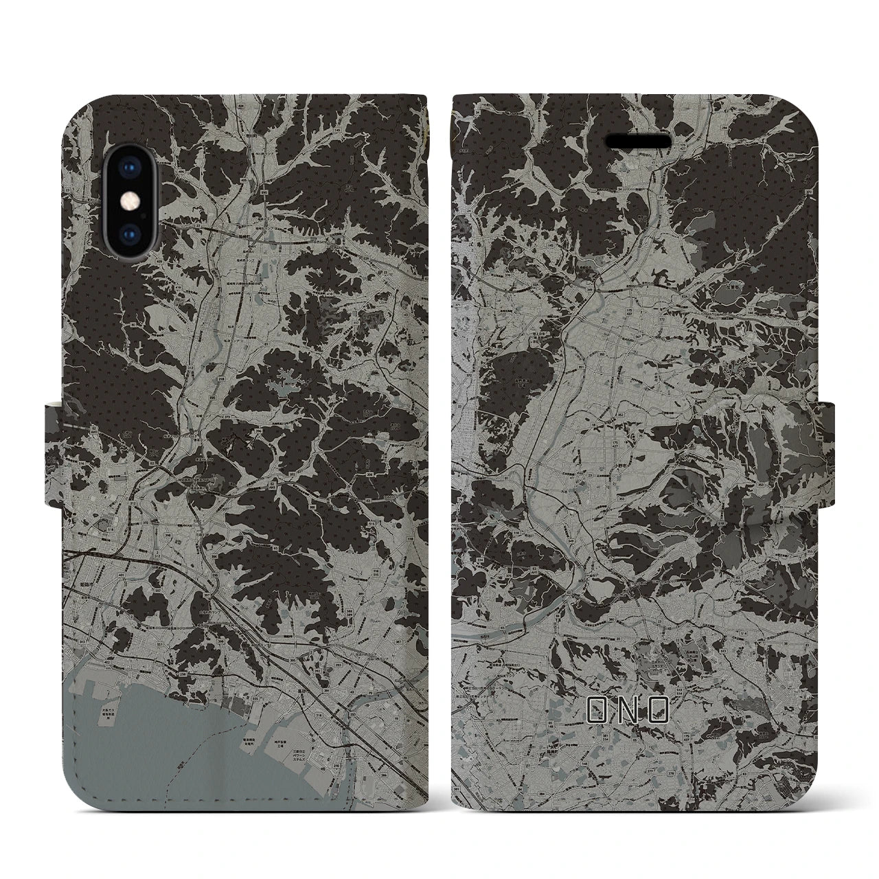 【小野(兵庫県)】地図柄iPhoneケース(手帳タイプ)モノトーン・iPhone XS / X 用