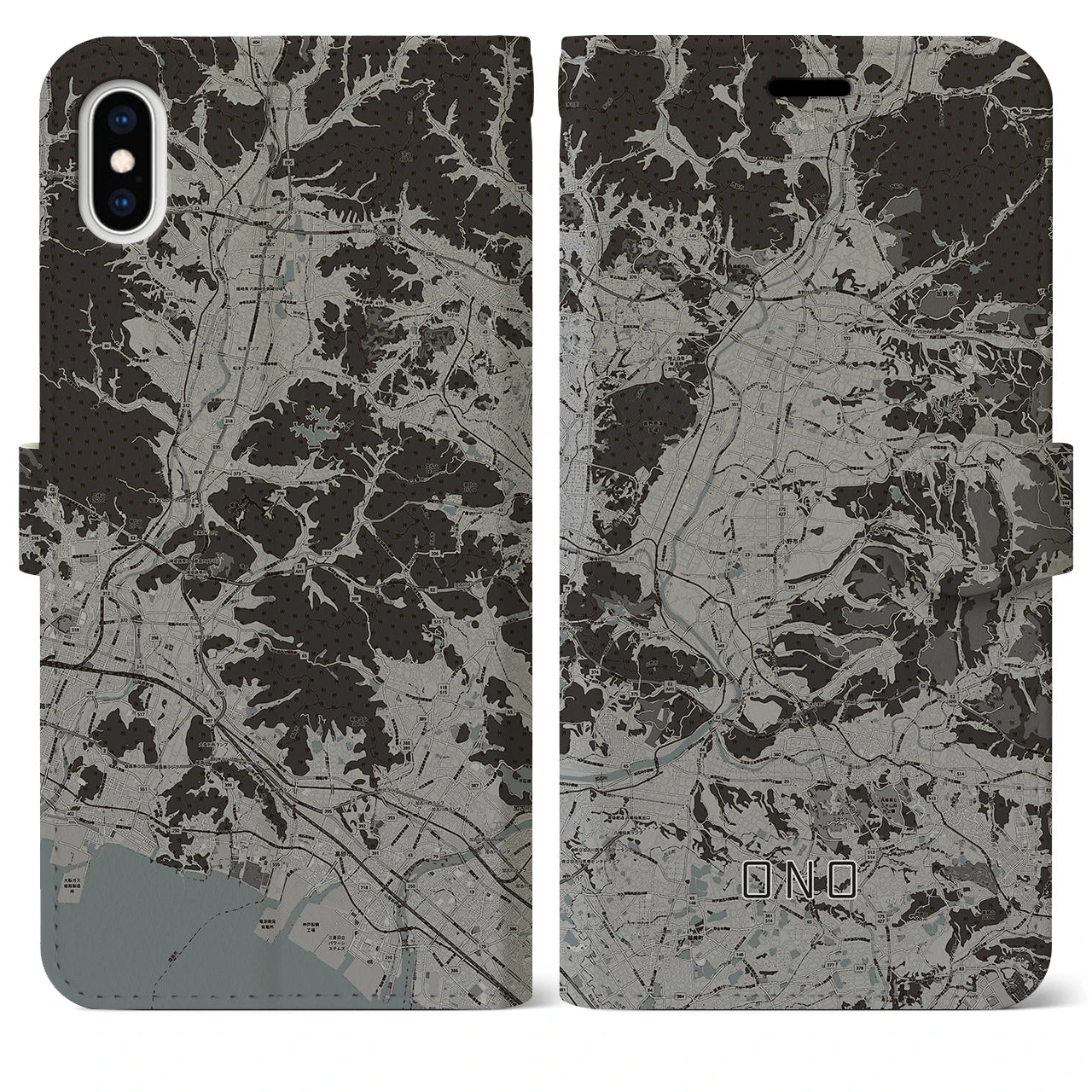 【小野(兵庫県)】地図柄iPhoneケース(手帳タイプ)モノトーン・iPhone XS Max 用