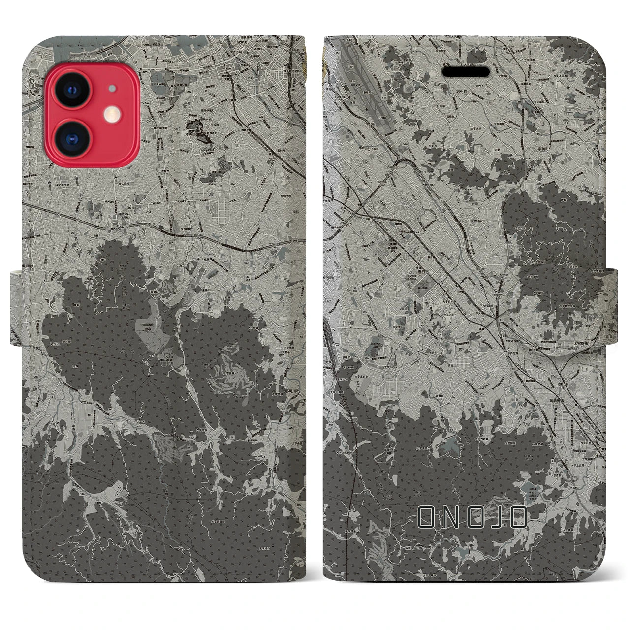 【大野城(福岡県)】地図柄iPhoneケース(手帳タイプ)モノトーン・iPhone 11 用