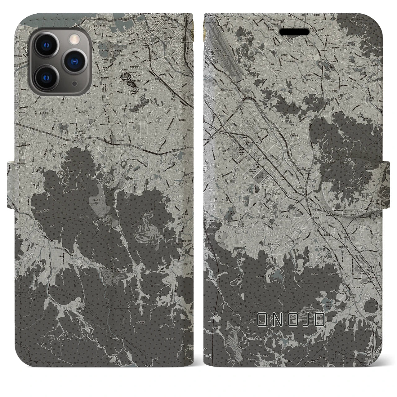 【大野城(福岡県)】地図柄iPhoneケース(手帳タイプ)モノトーン・iPhone 11 Pro Max 用