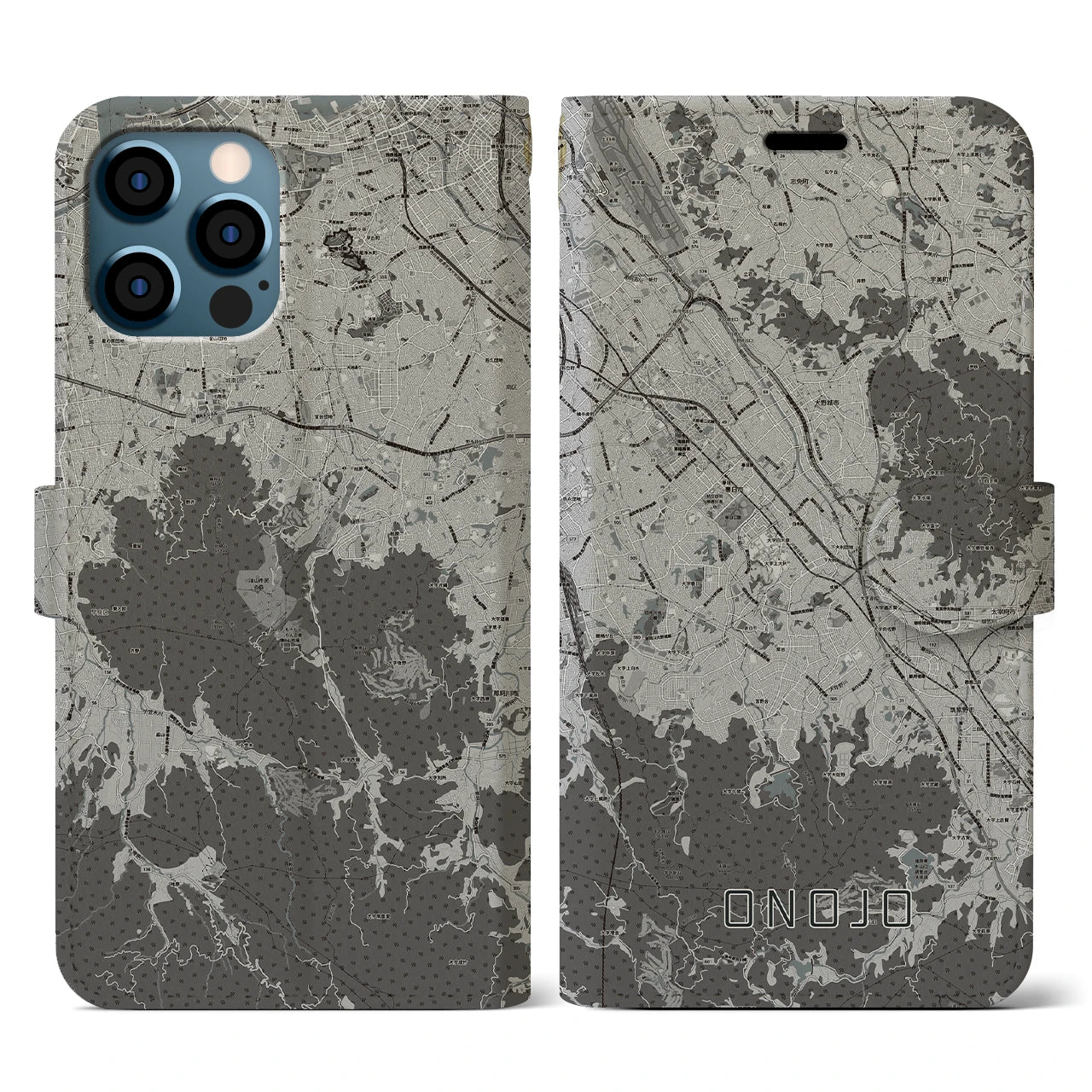 【大野城(福岡県)】地図柄iPhoneケース(手帳タイプ)モノトーン・iPhone 12 / 12 Pro 用